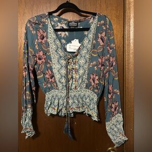 Angie Floral Print Blouse - Blue and Cream - size L